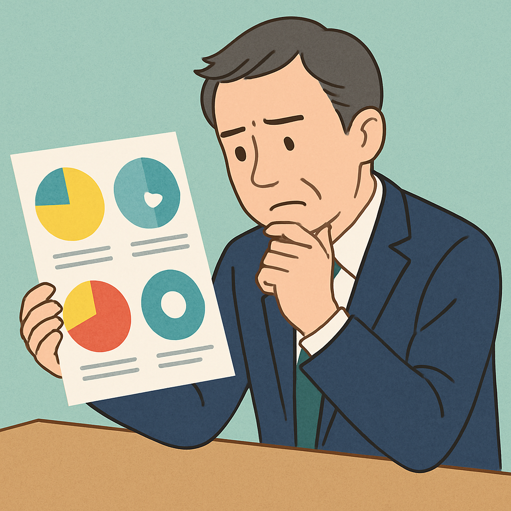 退職代行サービスの資料を見ながら、静かに思案する中年男性のイラスト