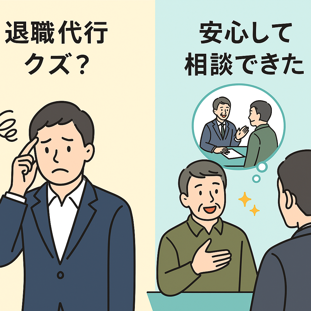 退職代行に対して不安を感じる男性と、相談後に安心して笑顔になる男性の対比を描いたイラスト
退職代行に対して不安を感じる男性と、相談後に安心して笑顔になる男性の対比を描いたイラスト
退職代行に対して不安を感じる男性と、相談後に安心して笑顔になる男性の対比を描いたイラスト
