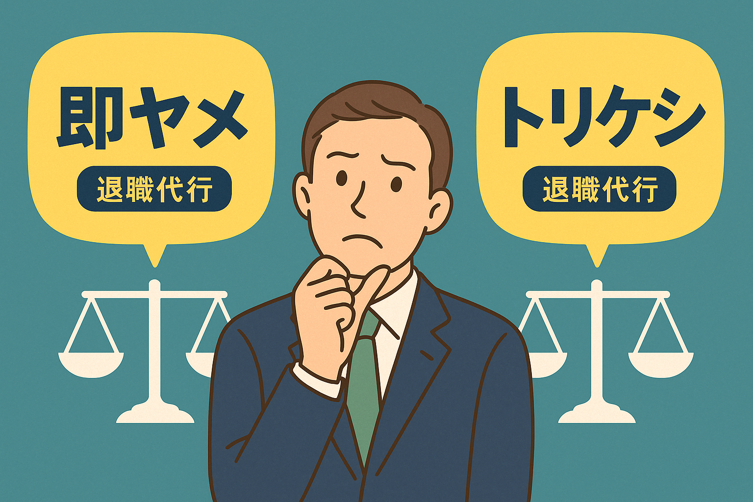 即ヤメとトリケシ、2つの退職代行サービスを比較しながら真剣に考えるスーツ姿の中年男性のイラスト