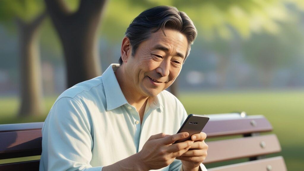 退職代行サービスにLINEで相談し、不安が少し和らいだ表情を見せる中年男性のイメージイラスト