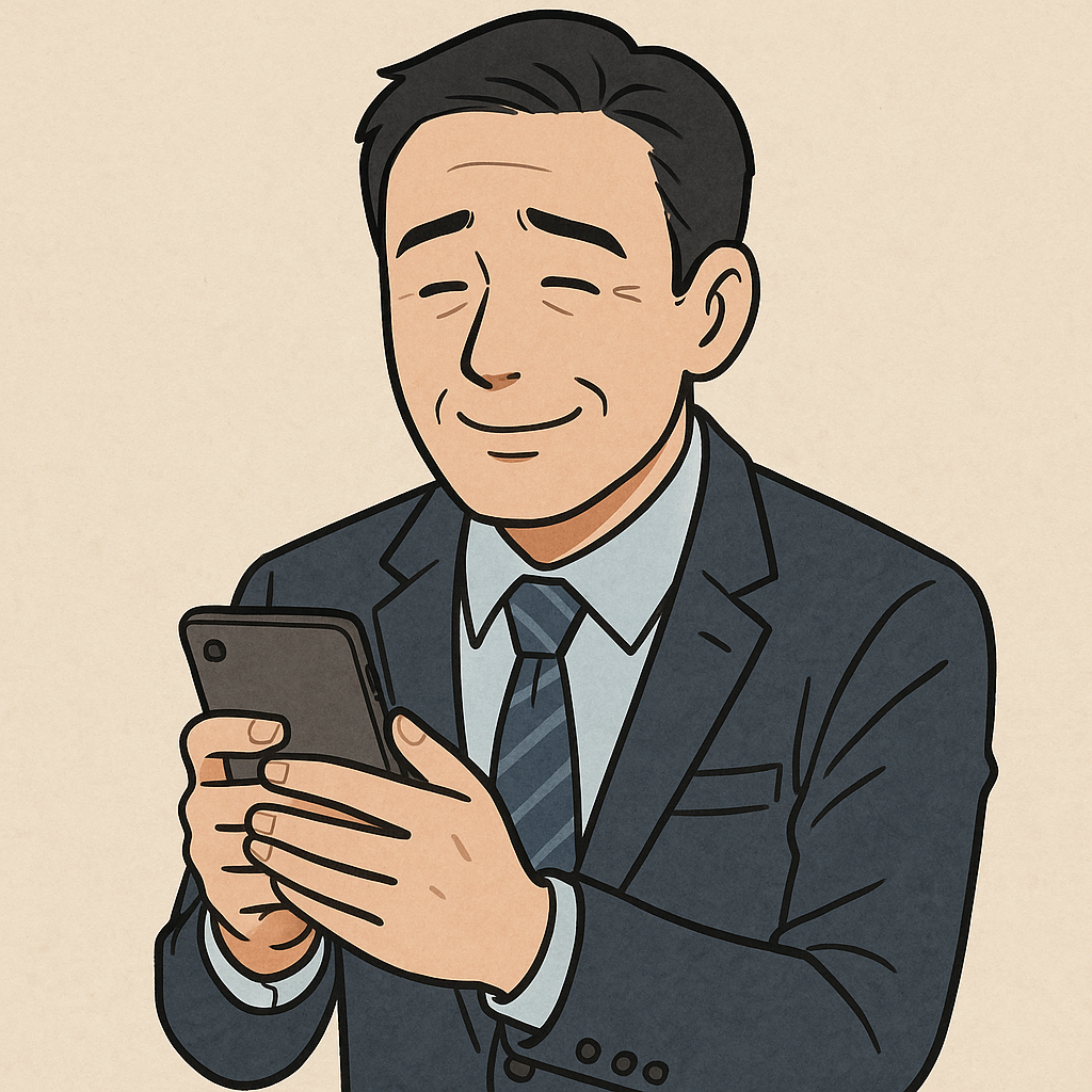 退職代行サービス「即ヤメ」を利用し、不安が解消されて晴れやかな表情を浮かべる中年男性のイラスト