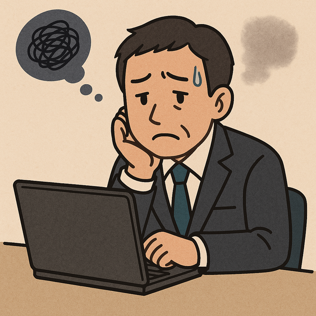 退職代行の利用に不安を感じ、考え込むスーツ姿の中年男性のイラスト