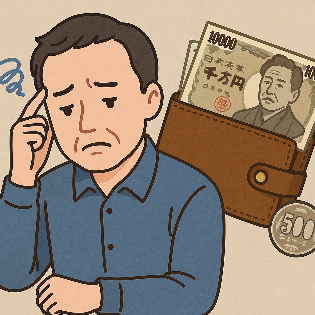 退職代行にかかる費用について不安そうに悩む中年男性と財布のイラスト