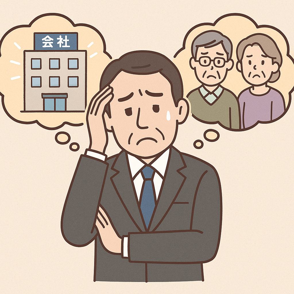 退職代行を使ったことが職場や家族にバレるのではと悩む中年男性のイラスト