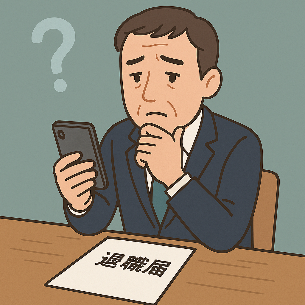 退職代行を使ったあとの流れについて悩みながらスマホを見る中年男性のイラスト