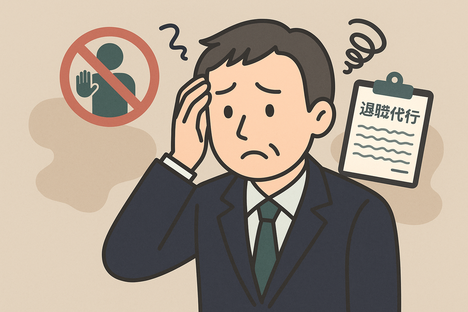 退職代行を使っても辞められないという不安を抱え、情報を調べている中年男性のイラスト 退職代行を使っても辞められないという不安を抱え、情報を調べている中年男性のイラスト