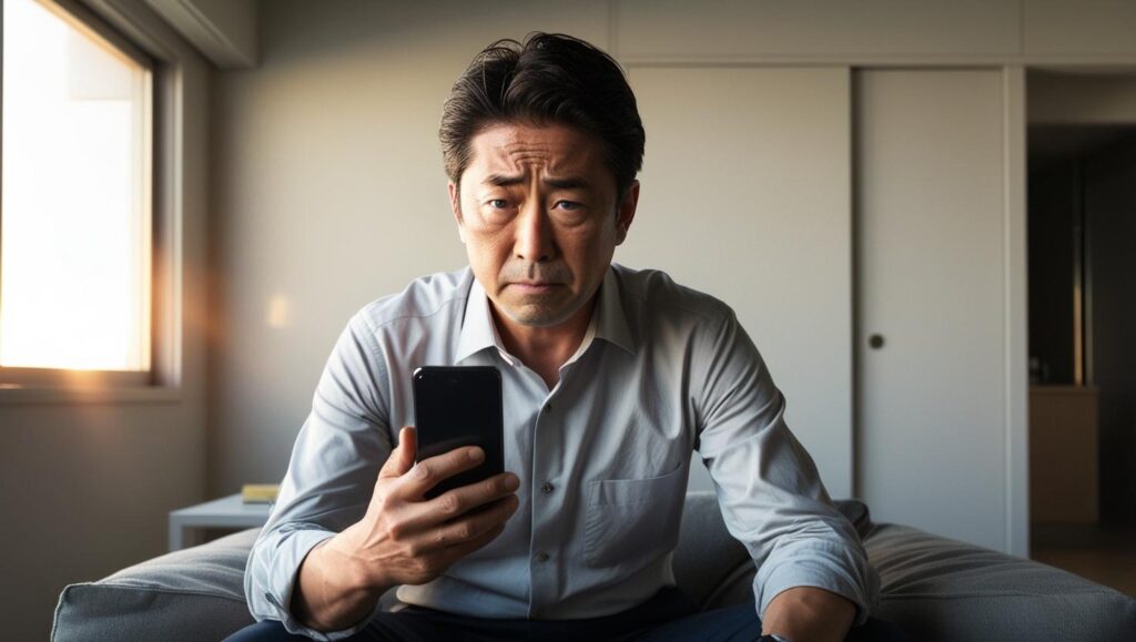 退職代行の利用直後、会社からの電話が来るのではとスマートフォンを緊張して見つめる40代男性のイメージ