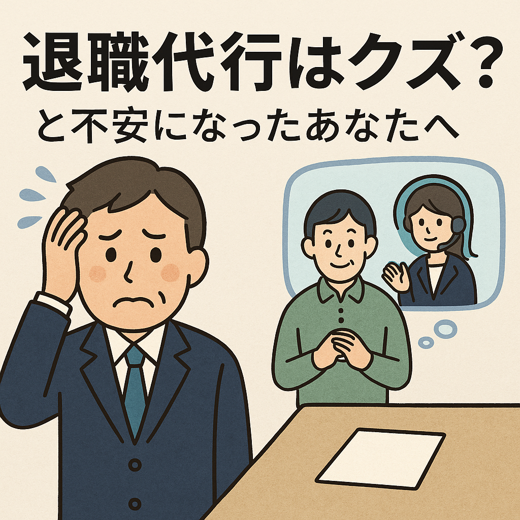 退職代行に不安を感じる男性と、安心して相談する様子を思い浮かべる中年男性の対比イラスト