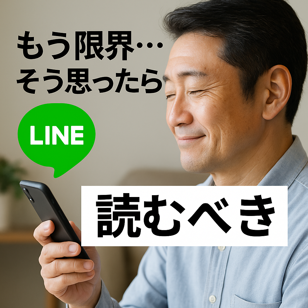スマホでLINE相談中の安心した中年男性